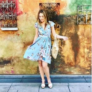 Anthropologie Maeve Rosalia Dress Blue Floral Bird Print Faux Wrap Ruffle Size